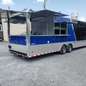 8.5' x 30' Black and Cobalt Blue BBQ Porch Style Concession Trailer